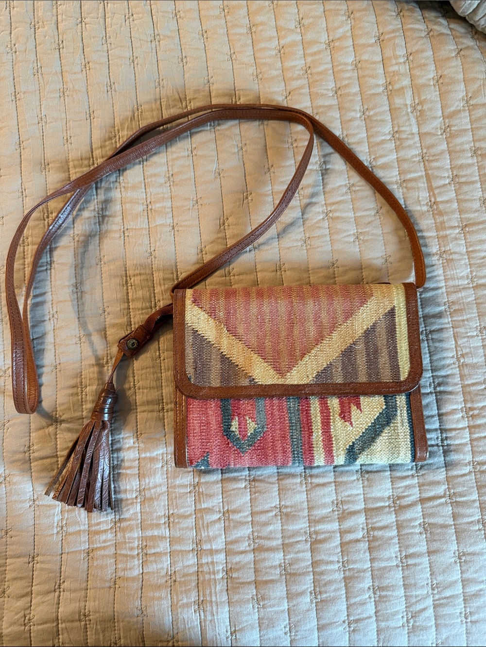 Boho Patterned Crossbody Bag with Leather Trim - Pink & Tan